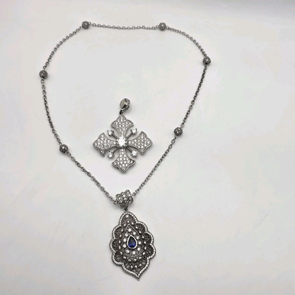 Espo Sterling Silver Art Deco 17" Necklace w/2 CZ Pendants Magnetic Clasp